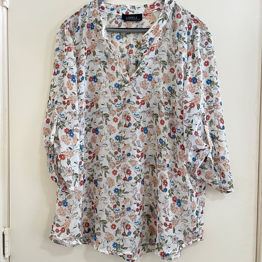 Women Floral Peasant Blouse XL 38 Sheer‎ Boho V Neck Roll Tab Sleeves Lagenlook